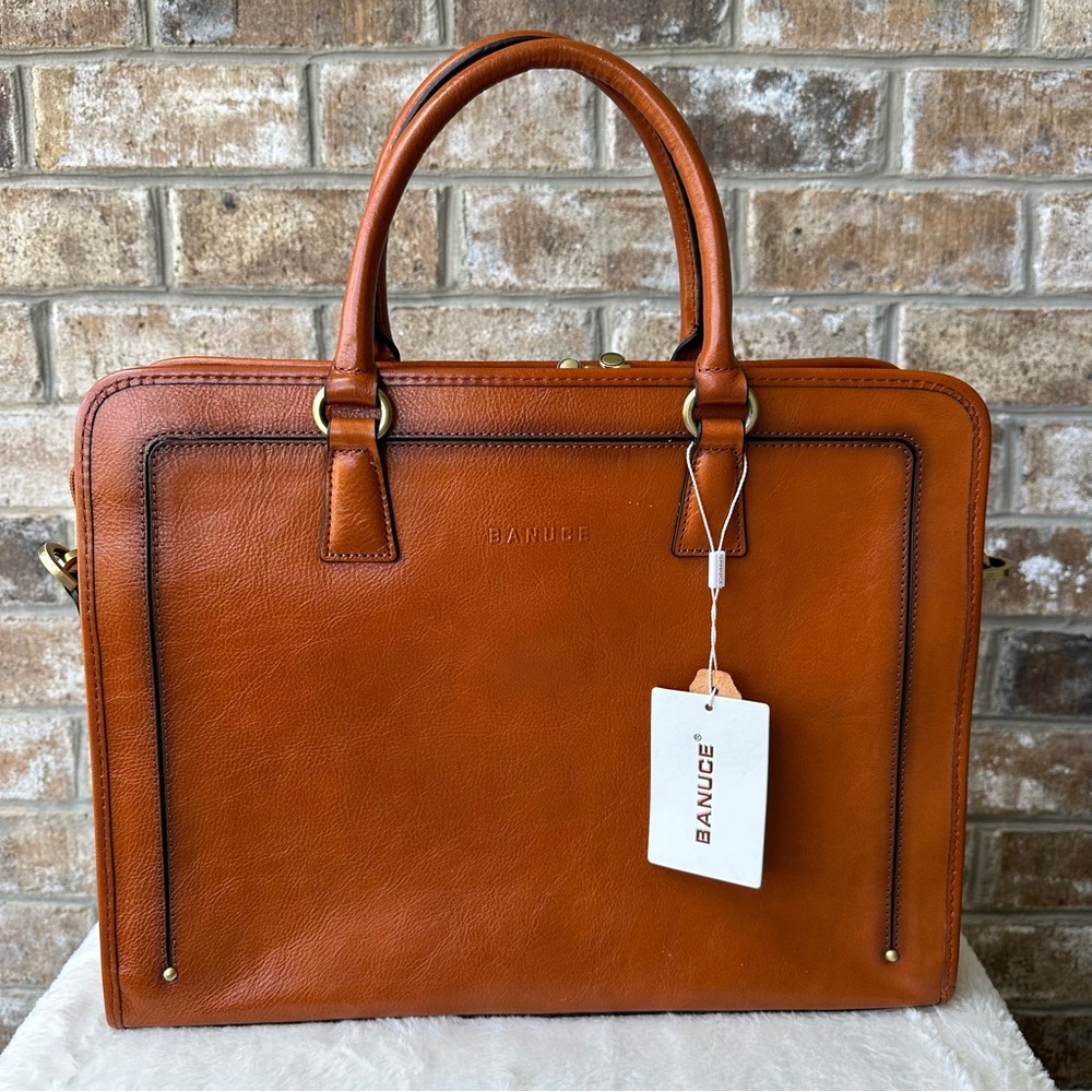 Banuce Brown Leather Brief Case Messenger Bag Shoulder Strap Hand Carry Work Bag